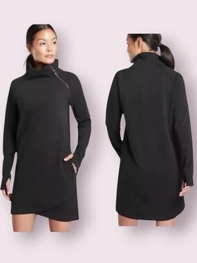 Athleta Cozy Karma Sweatshirt Dress Asymmetrical Zip Thumb Holes Black Size XS
